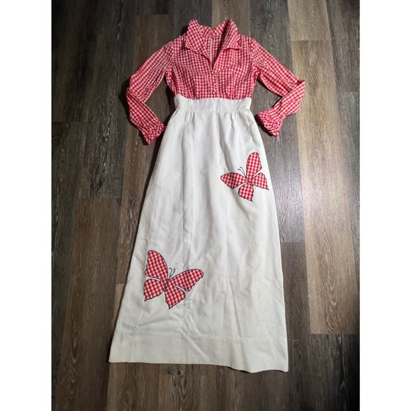 Unbranded Dresses & Skirts - Vintage Maxi Dress XS Red White Gingham Butterfly Good 70s Retro